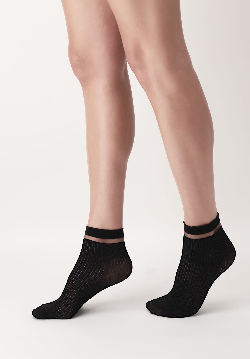 OroblÌ_ Gentle Sock - Black light ribbed cotton fashion ankle socks with a sheer striped cuff and scalloped edge.
