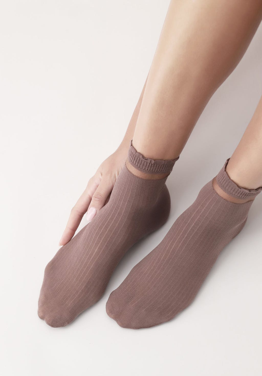 OroblÌ_ Gentle Sock - Light brown ribbed cotton fashion ankle socks with a sheer striped cuff and scalloped edge.