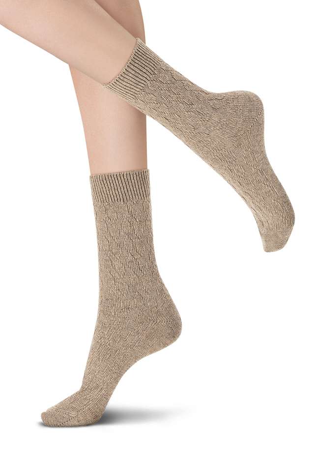 OroblÌ_ Gwen Sock - Ultra soft and warm wool knitted ankle high socks with a cable knit style pattern in beige.