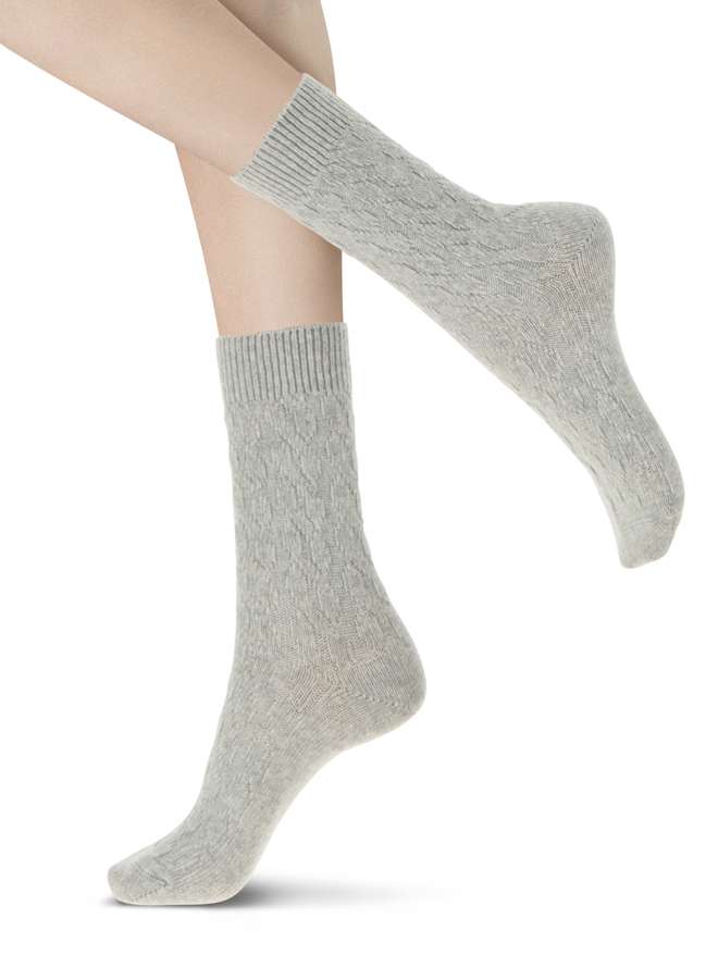 OroblÌ_ Gwen Sock - Ultra soft and warm wool knitted ankle high socks with a cable knit style pattern in grey.