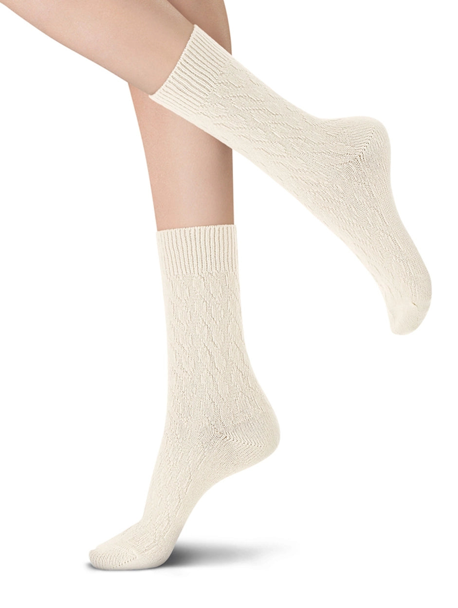 OroblÌ_ Gwen Sock - Ultra soft and warm wool knitted ankle high socks with a cable knit style pattern in ivory.