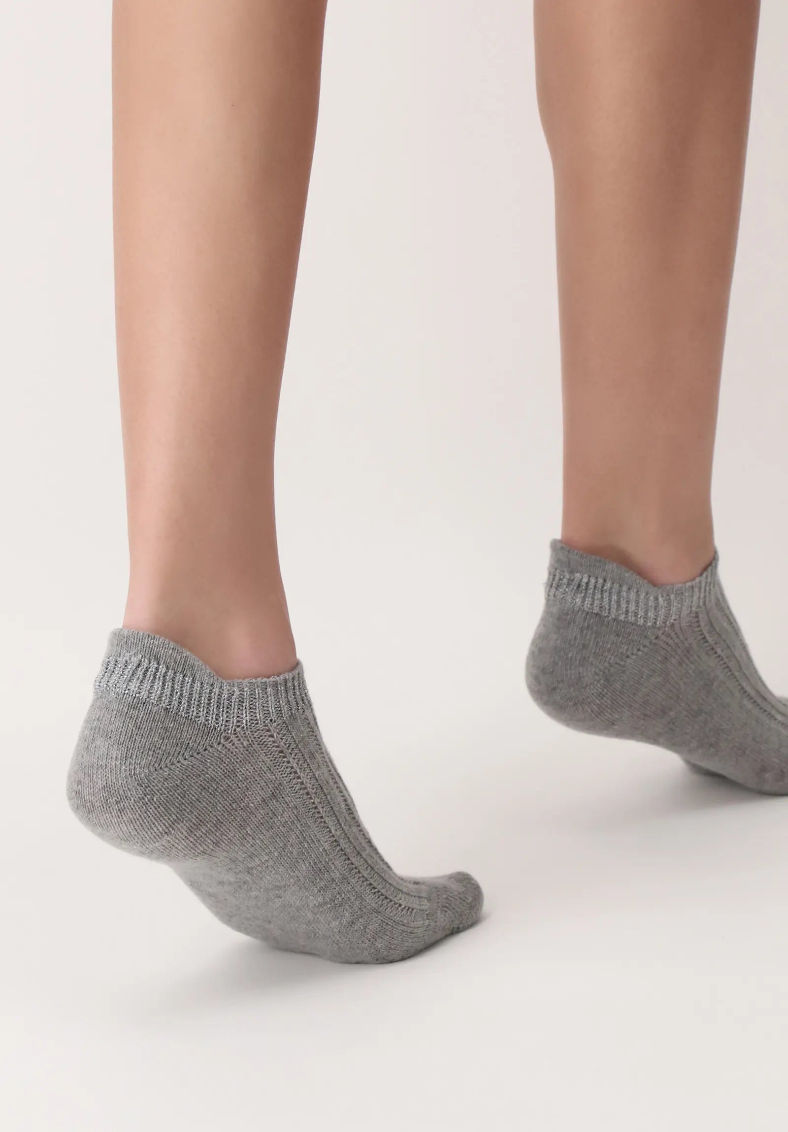 OroblÌ_ Jasmine Sneaker Sock - Ultra soft and warm grey cable ribbed knitted low ankle sock with a touch of alpaca, sparkly silver lurex trim.