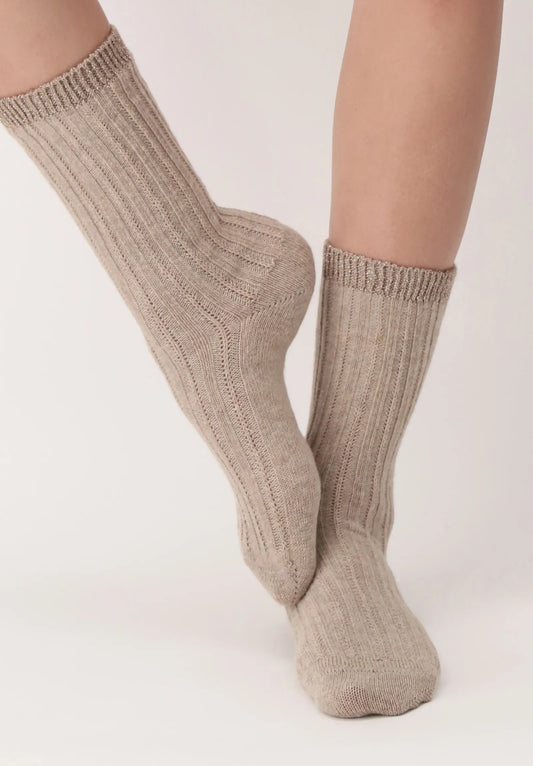 OroblÌ_ Jasmine Sock - Ultra soft and warm beige thermal cable ribbed knitted ankle socks with a touch of alpaca, sparkly silver lurex cuff.
