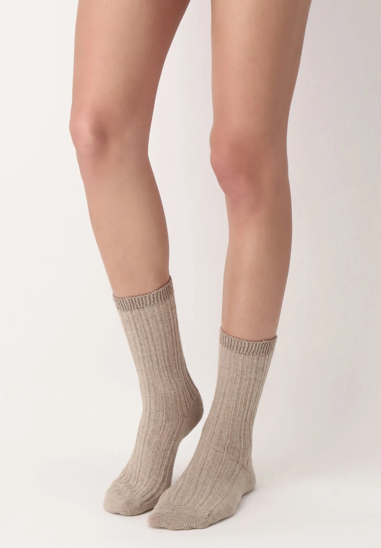 OroblÌ_ Jasmine Sock - Ultra soft and warm beige thermal cable ribbed knitted ankle socks with a touch of alpaca, sparkly gold lurex cuff.OroblÌ_ Jasmine Sock - Ultra soft and warm beige thermal cable ribbed knitted ankle socks with a touch of alpaca, sparkly silver lurex cuff.