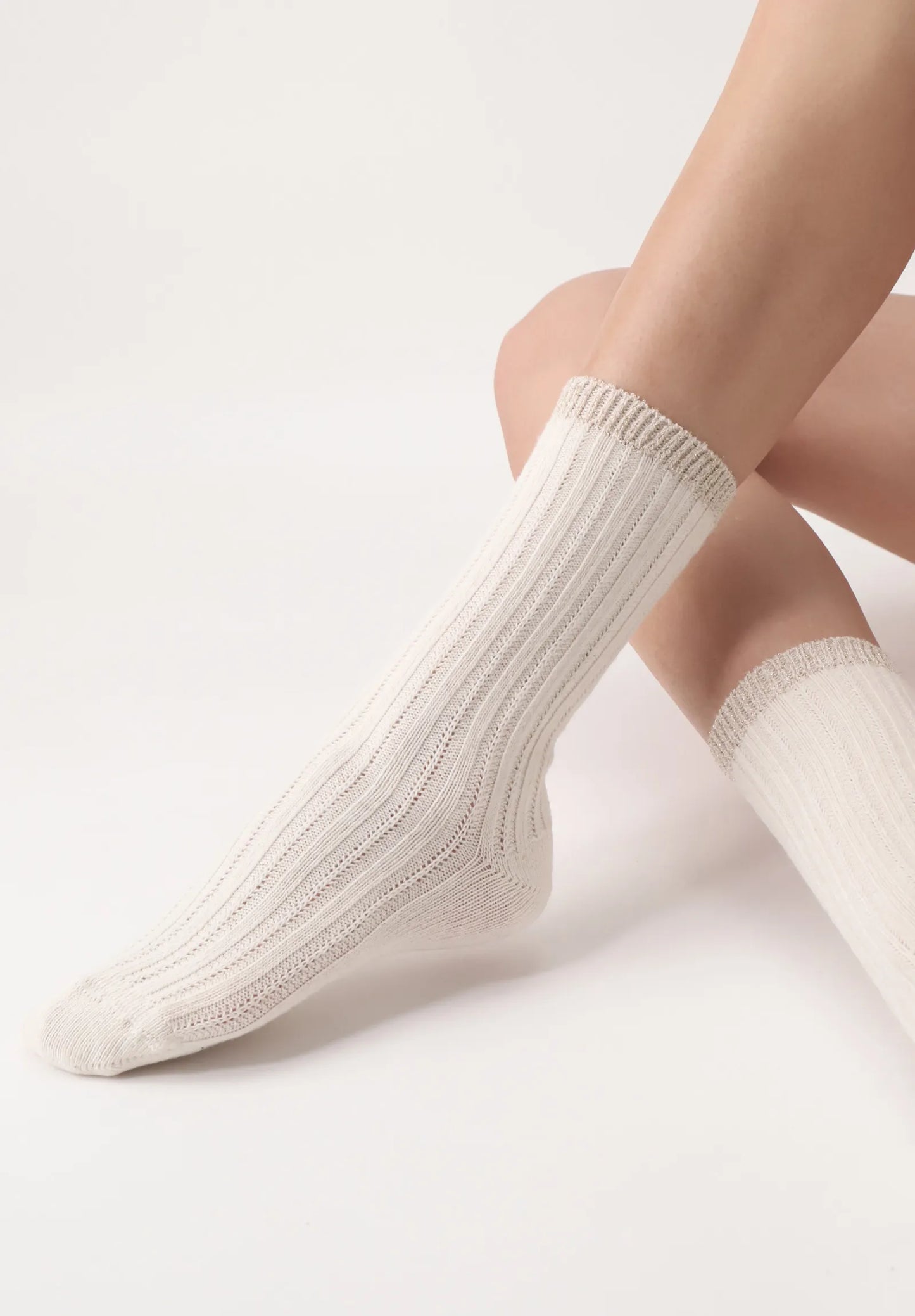 OroblÌ_ Jasmine Sock - Ultra soft and warm ivory cream thermal cable ribbed knitted ankle socks with a touch of alpaca, sparkly gold lurex cuff.