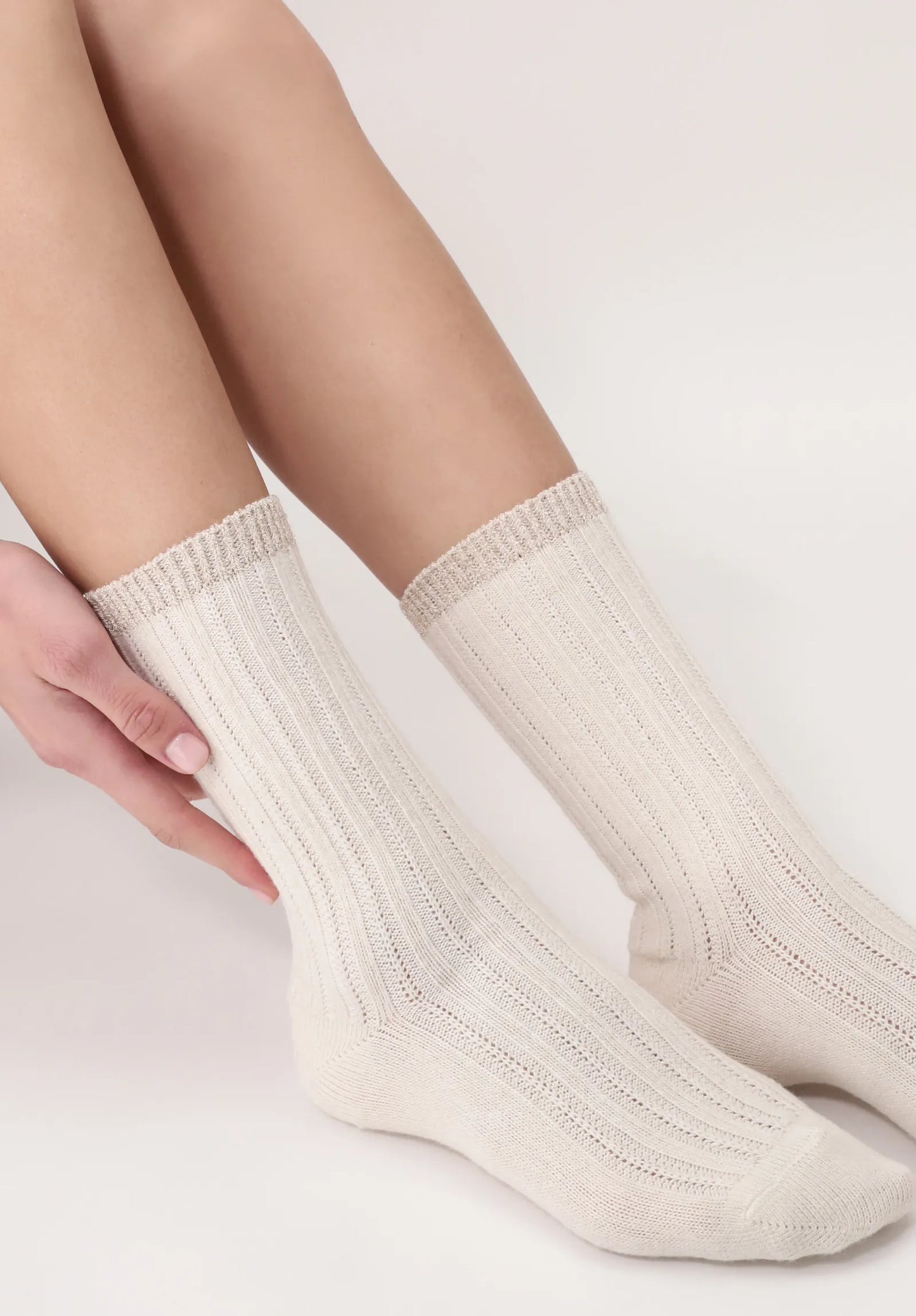 OroblÌ_ Jasmine Sock - Ultra soft and warm ivory cream thermal cable ribbed knitted ankle socks with a touch of alpaca, sparkly gold lurex cuff.