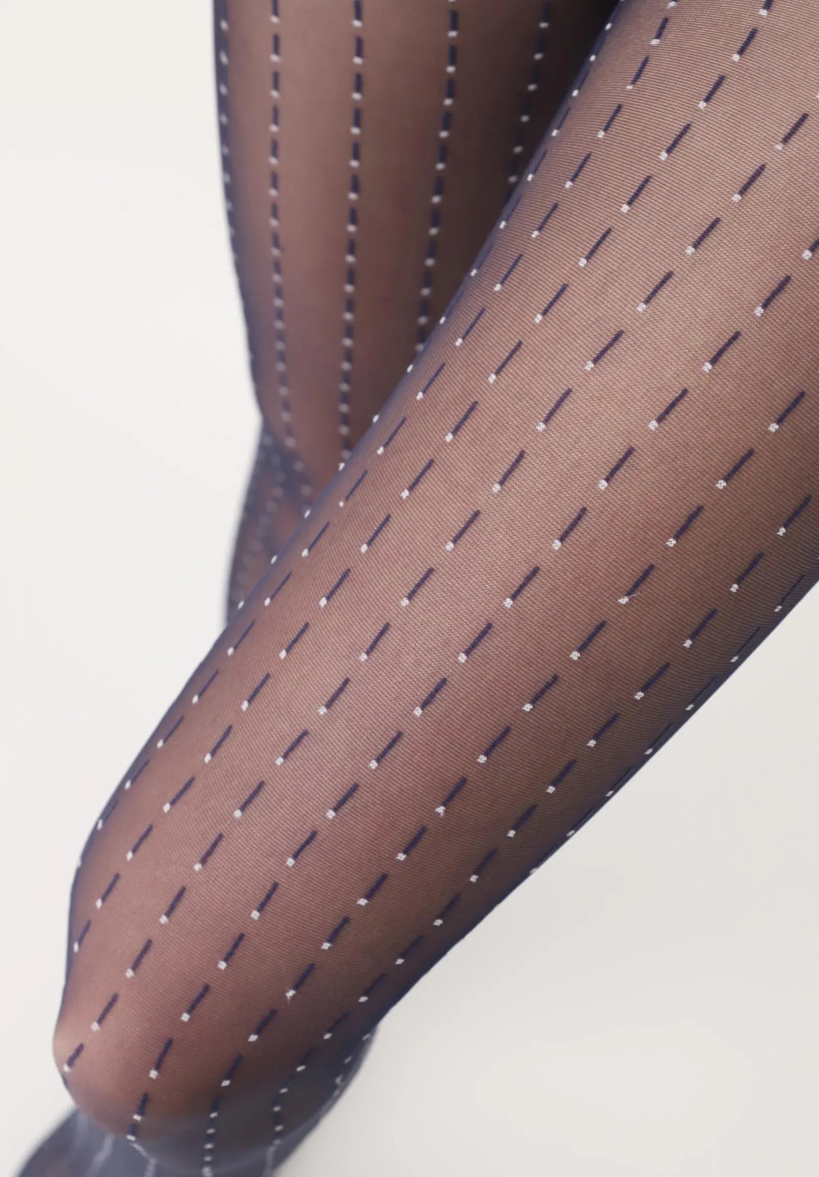 Oroblù Point Line Collant - Sheer navy fashion tights with a white vertical dotted dashed pin striped pattern and deep comfort waistband.