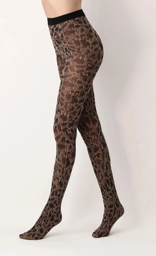 OroblÌ_ Savannah Tight - Soft beige fashion tights with a woven black leopard print style pattern