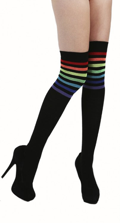 Pamela Mann Rainbow Referee Over The Knee Socks - black thigh high socks with multicoloured rainbow stripes 