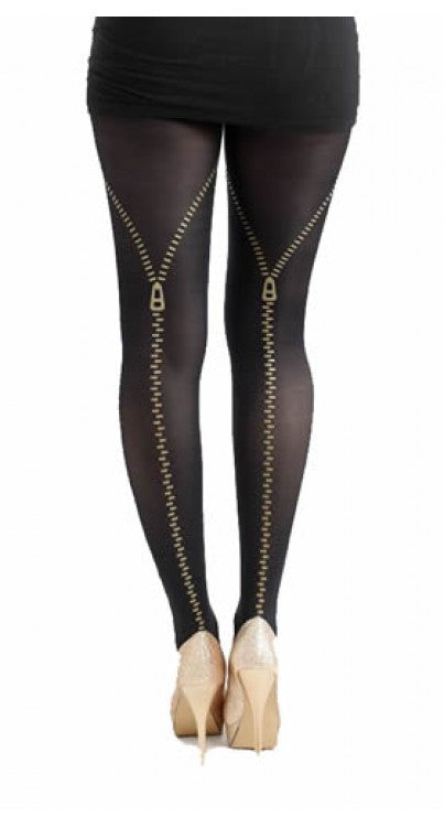 Pamela Mann - black opaque tights with a gold flocked zip back seam