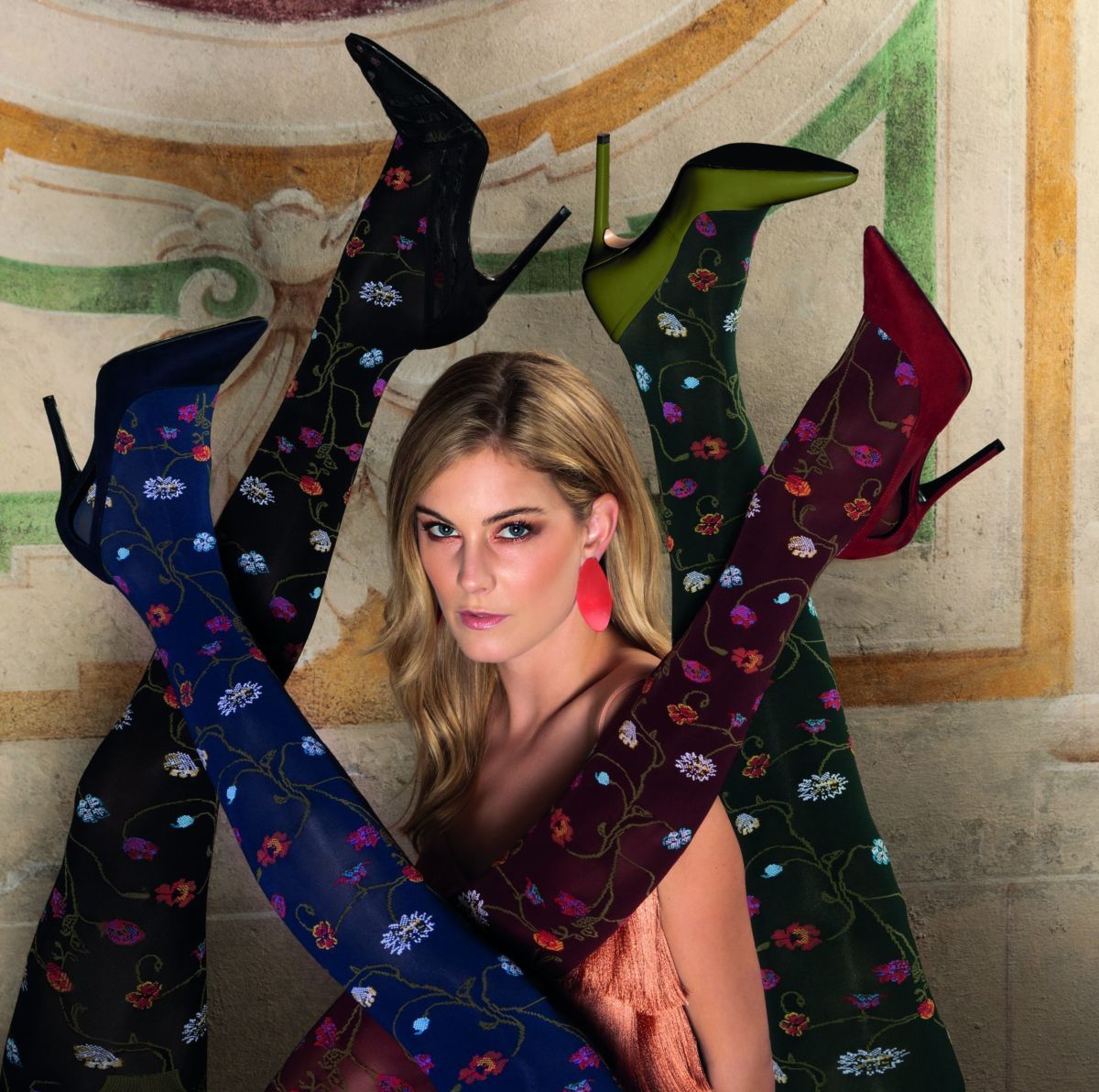 Trasparenze Platino Collant - Soft opaque fashion tights with a multicoloured woven floral pattern, available in black, blue navy, dark green and wine