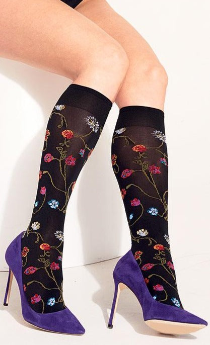 Trasparenze Platino Gambaletto - Black soft opaque fashion knee-high socks with a multicoloured woven floral pattern