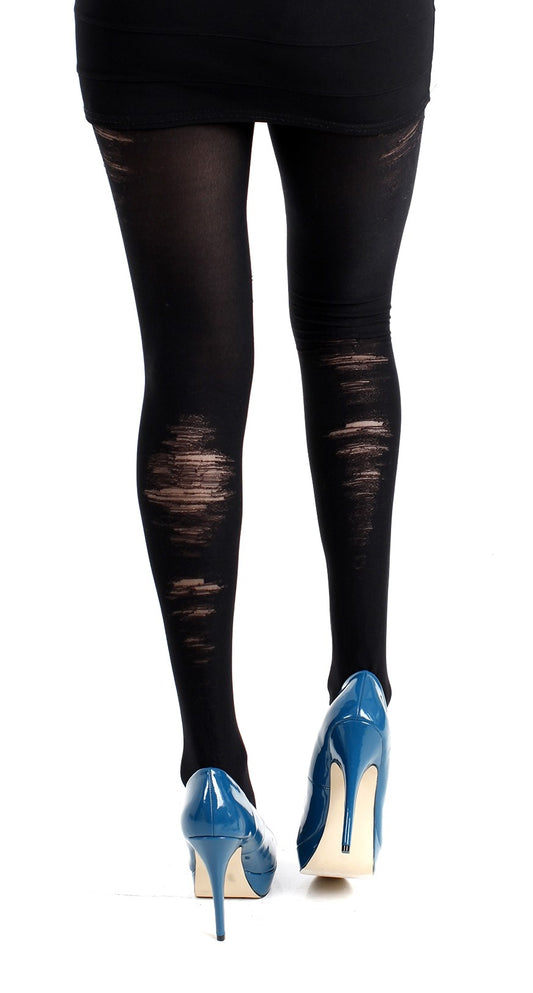 Pamela Mann Bruised Tights - Black opaque tights with distressed worn holes, perfect for that grunge look.