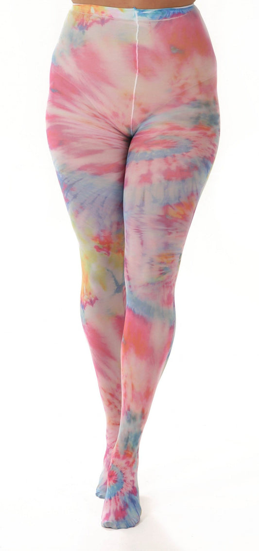 Pamela Mann Colour Burst Printed Tights - White opaque tights with an all over tie-dye style multicoloured print pattern.