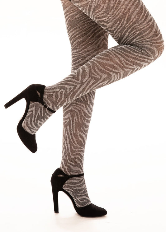 Pamela Mann Zebra Lurex Tights - Silver lam̩ fashion tights with a woven zebra pattern and plain black boxer brief top.