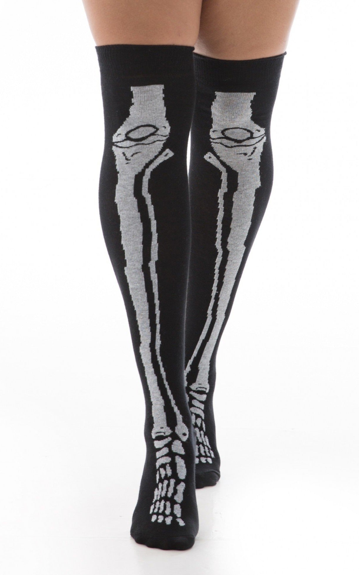 Pamela Mann Skeleton Bones Over The Knee Socks - black cotton over-knee socks with white x-ray bones legs and feet pattern, perfect for Halloween
