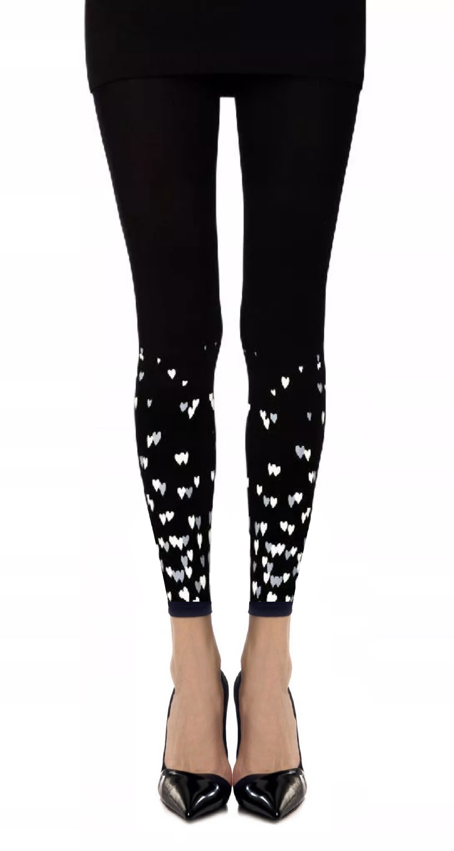 Zohara C286-BGC Queen Of Hearts Footless Tights - Black opaque fashion footless tights with a grey and cream heart pattern print.