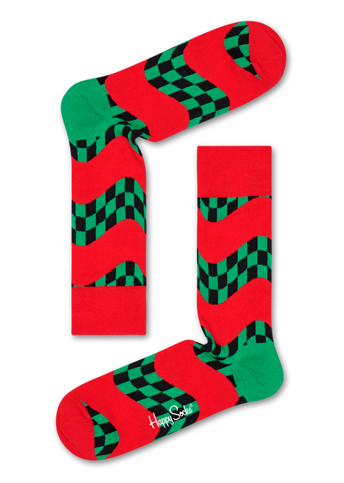 Happy Socks RAC01-4300 Race Socks - Red cotton mix socks with green and black wavy checkered striped pattern.