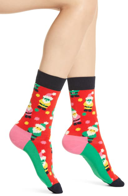 Happy Socks SAN01-4400 Santa Sock - Red cotton Christmas socks with multicoloured Santa pattern, dark navy cuff and toe, green sole and pink heel. Available in men and women size.