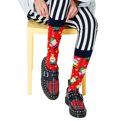 Happy Socks SAN01-4400 Santa Sock - Red cotton Christmas socks with multicoloured Santa pattern, dark navy cuff and toe, green sole and pink heel. Available in men and women size.