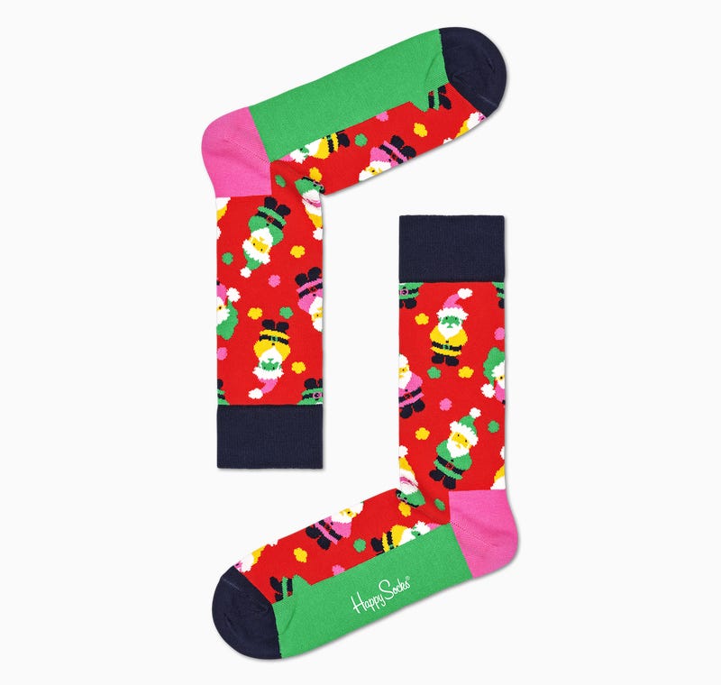 Happy Socks SAN01-4400 Santa Sock - Red cotton Christmas socks with multicoloured Santa pattern, dark navy cuff and toe, green sole and pink heel. Available in men and women size.
