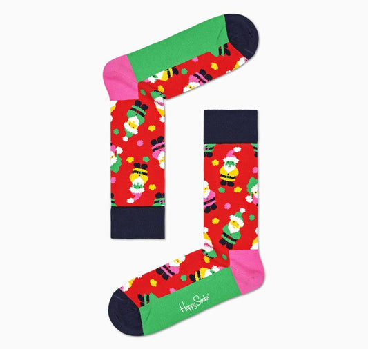 Happy Socks SAN01-4400 Santa Sock - Red cotton Christmas socks with multicoloured Santa pattern, dark navy cuff and toe, green sole and pink heel. Available in men and women size.