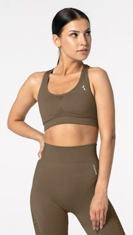 Carpatree Phase Seamless Bra - Khaki green / brown seamless sports bra with removable padding and razor back with crochet style detail.