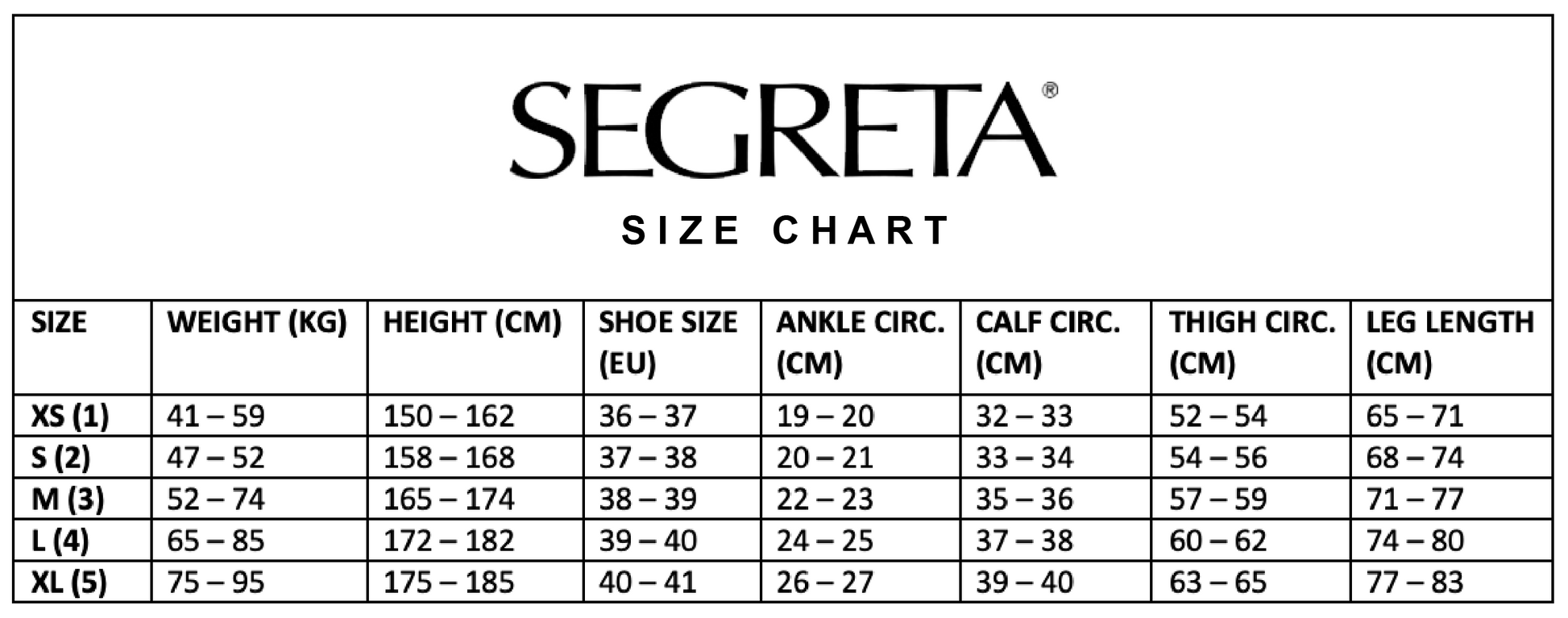 Ibici Segreta - Size Chart