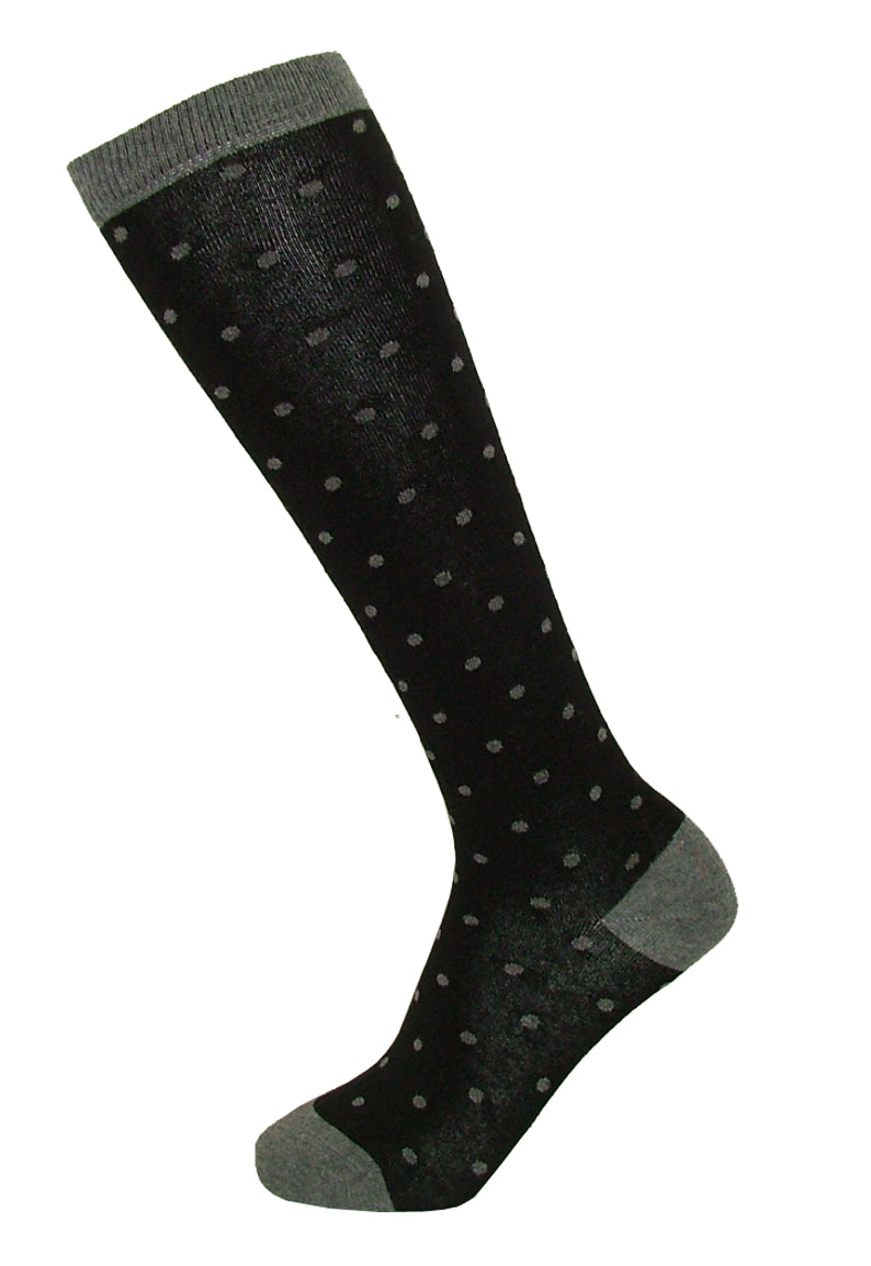 Silvia Grandi Cherry Gambaletto - black cotton knee-high socks with a small grey spot pattern, flat toe seams, shaped heel and a red heart on the ball of the foot.