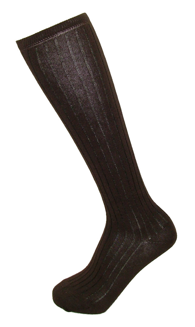 Silvia Grandi Holly Gambaletto - Soft dark brown cotton knee-high socks with a pinstripe rib, plain sole, flat toe seams, shaped heel and a red heart on the ball of the foot.