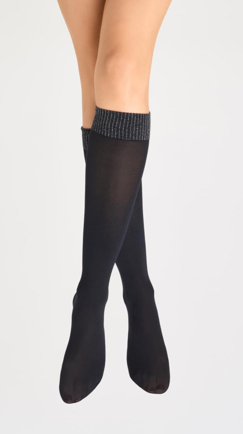 SiSi 1741 Diplomatico Gambaletto - Black soft matte opaque knee-high socks with a sparkly silver ribbed cuff.