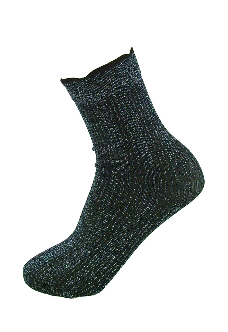 SiSi Costa Calzino - black opaque fashion ankle socks with a ribbed blue sparkly glitter lam̩ design