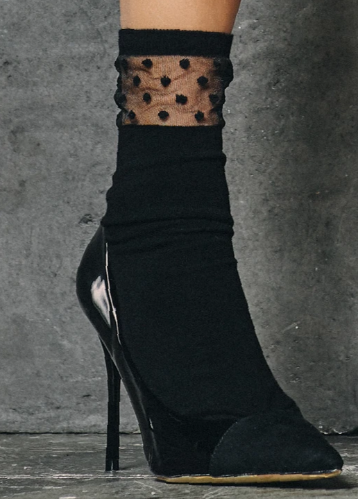 SiSi Decoro Calzino - black fashion ankle socks with a transparent sheer tulle panel and polka dots
