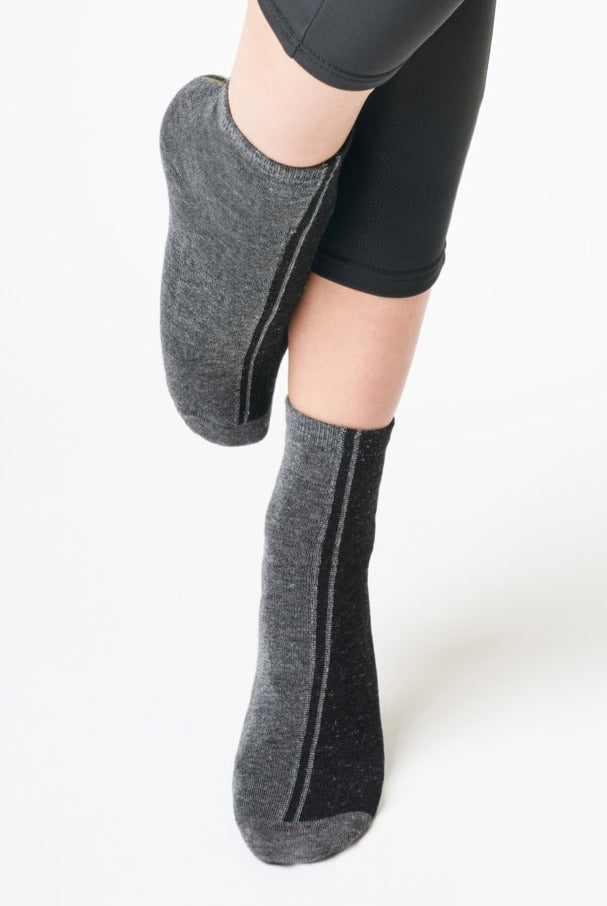 SiSi Double Calzino - Soft viscose mix tube ankle socks with silver lame knitted throughout, black on one side and fleck grey on the other, separated with a silver stripe on one side and gold on the other, can be worn multiple ways.