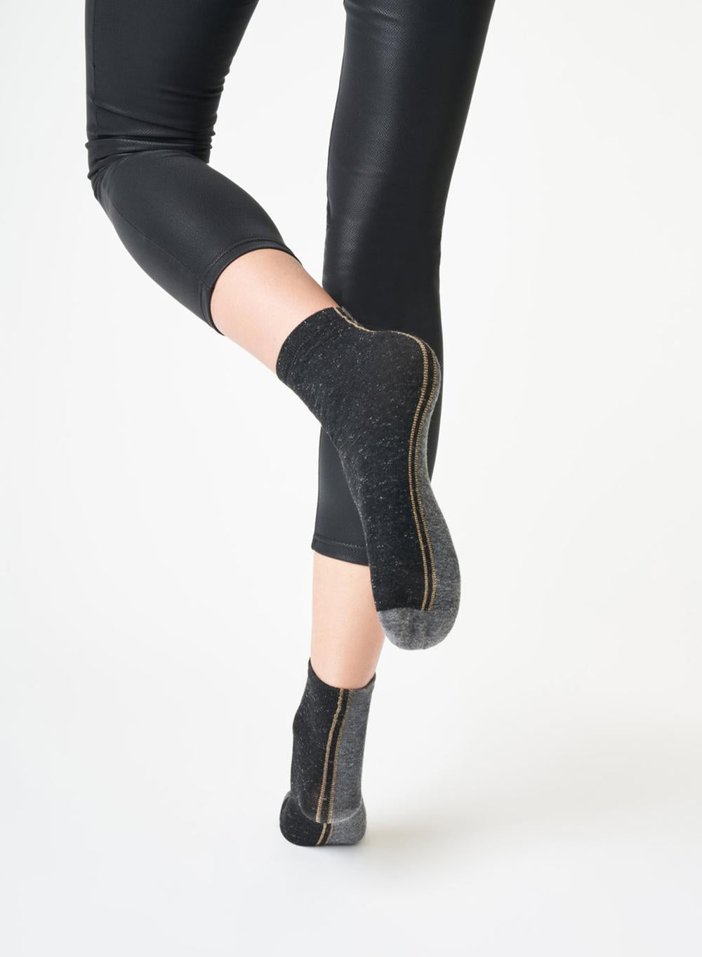 SiSi Double Calzino - Soft viscose mix tube ankle socks with silver lame knitted throughout, black on one side and fleck grey on the other, separated with a silver stripe on one side and gold on the other, can be worn multiple ways.