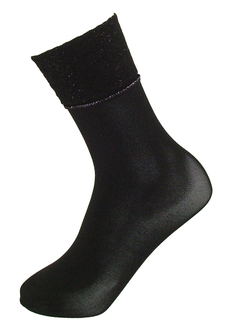 SiSi Fusion Calzino - Soft matte opaque ankle socks with a deep comfort cuff with a woven black lam̩ leopard print pattern and silver stripe.