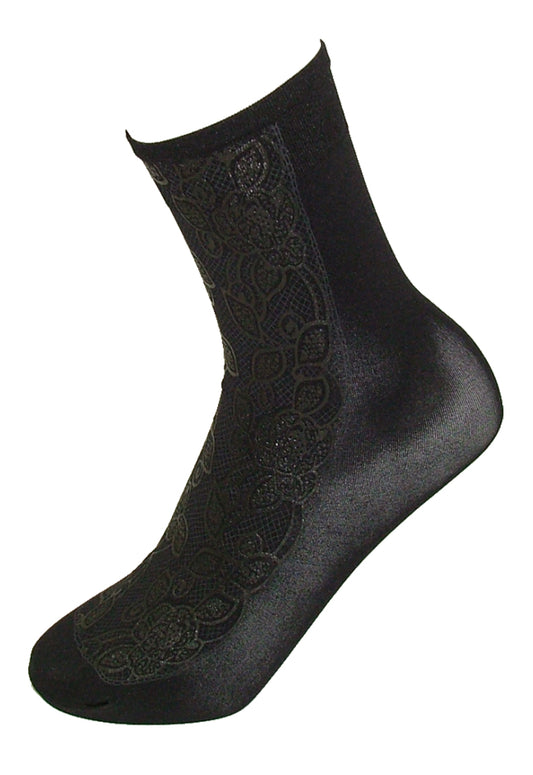 SiSi Macrame' Calzino - black opaque fashion ankle socks with a rubbery shiny floral print