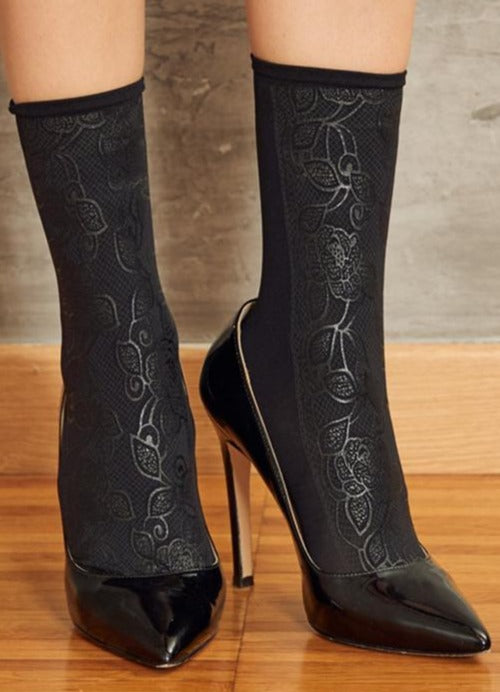 SiSi Macrame' Calzino - black opaque fashion ankle socks with a rubbery shiny floral print