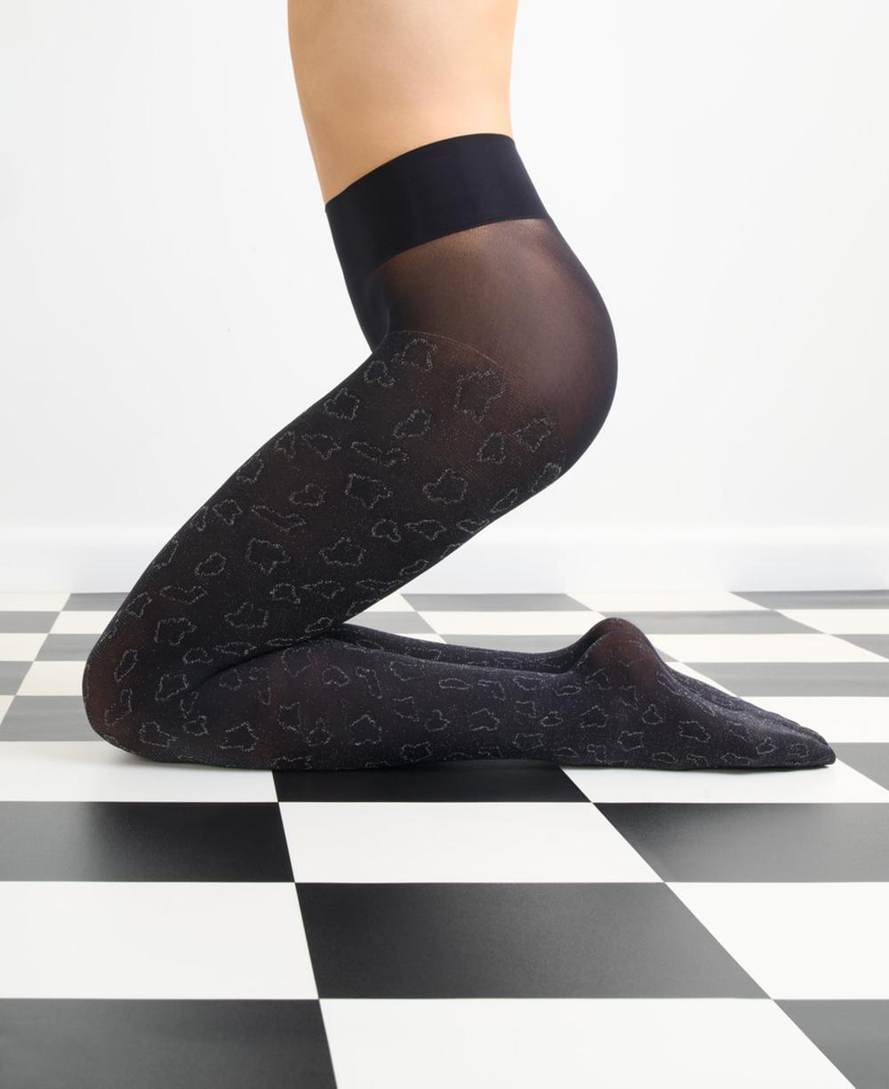 SiSi Maculato Collant - Black opaque seamless tights with a woven silver lame animal style pattern and deep comfort waist band.