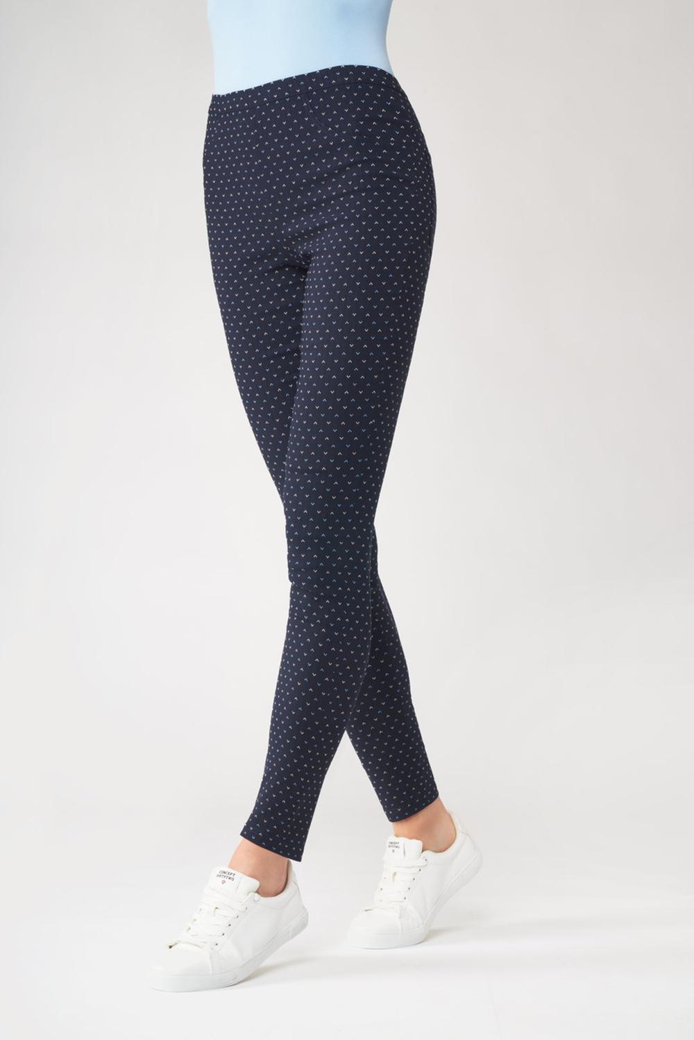 SiSi Microgeometria Legging - Navy stretch trouser leggings made of viscose with a woven v style pattern in light blue and white and navy, blue and white striped turn up cuff and rear pockets.