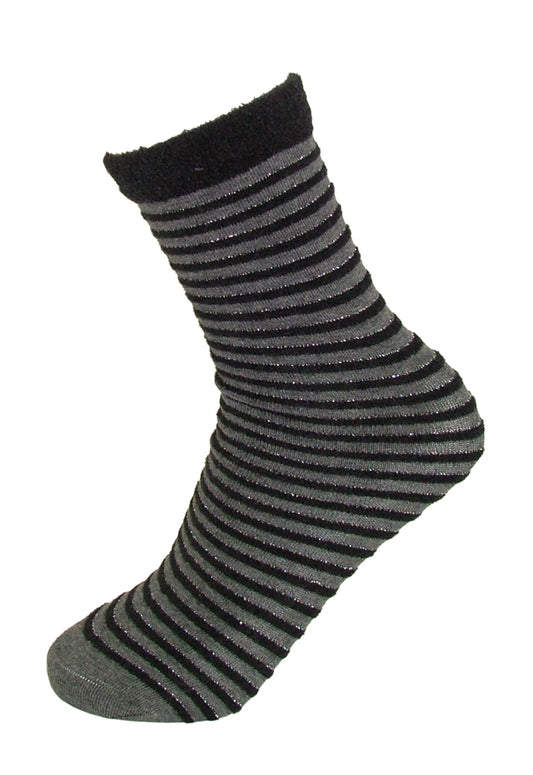 SiSi 1626 Multirighe Calzino - grey cotton ankle socks with silver lurex and black fluffy horizontal stripes