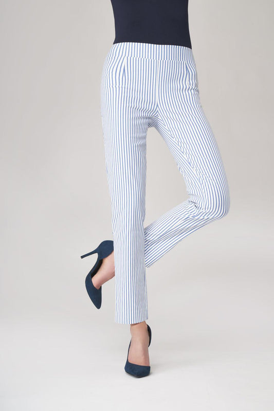 SiSi Righe Leggings - White light weight, loose fit stretch trouser leggings with a light blue and silver vertical stripe pattern, deep elasticated waistband with front and back darts for a great fit.