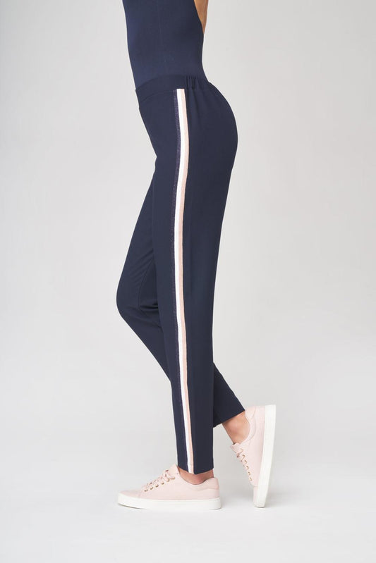 SiSi Stripes Leggings - Navy light weight, loose fit pull on trousers with a sparkly navy, white and pale pink sports style side stripe.