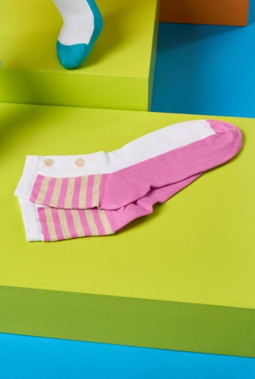 SiSi Union Calzino - White quarter high cotton ankle socks with polka dot and stripe pattern with lamé detailing, plain cuff, available in pink/gold and turquoise.