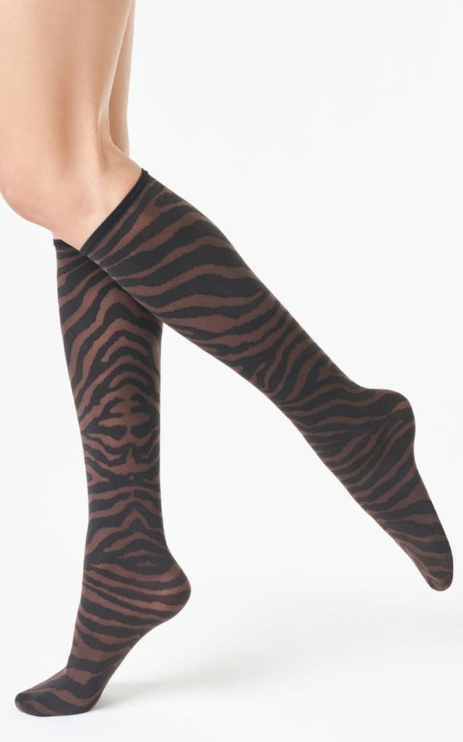 SiSi Zebrato Gambaletto - Brown micro mesh tulle effect fashion knee length socks with a black opaque woven zebra print pattern.