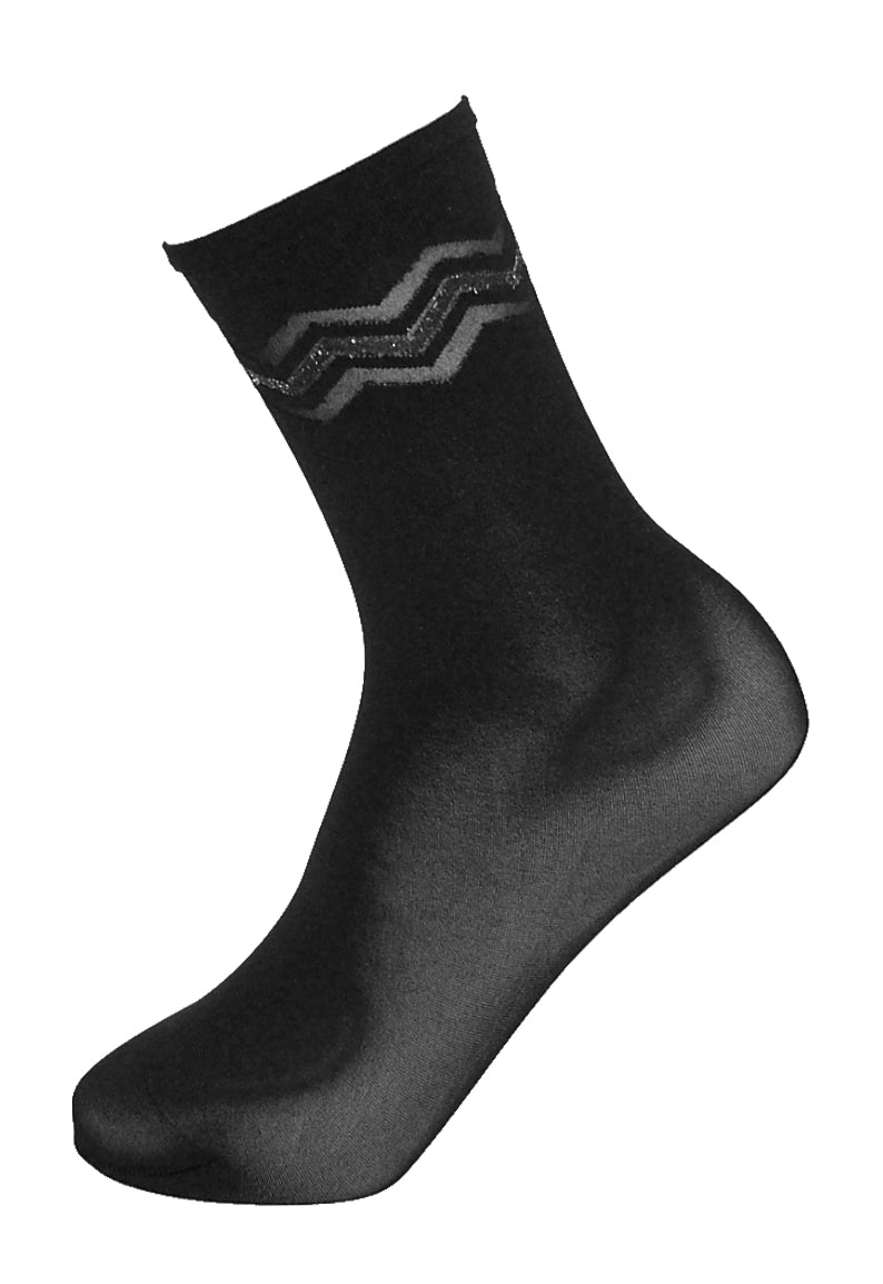 SiSi Zig-Zag Calzino - Black soft matte opaque fashion ankle socks with a sparkly silver lurex zig-zag striped cuff.