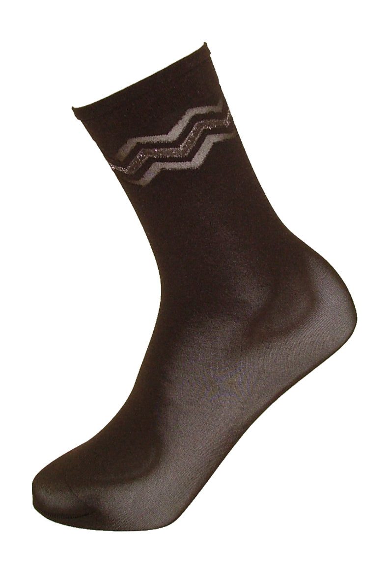 SiSi Zig-Zag Calzino - Brown soft matte opaque fashion ankle socks with a sparkly silver lurex zig-zag striped cuff.