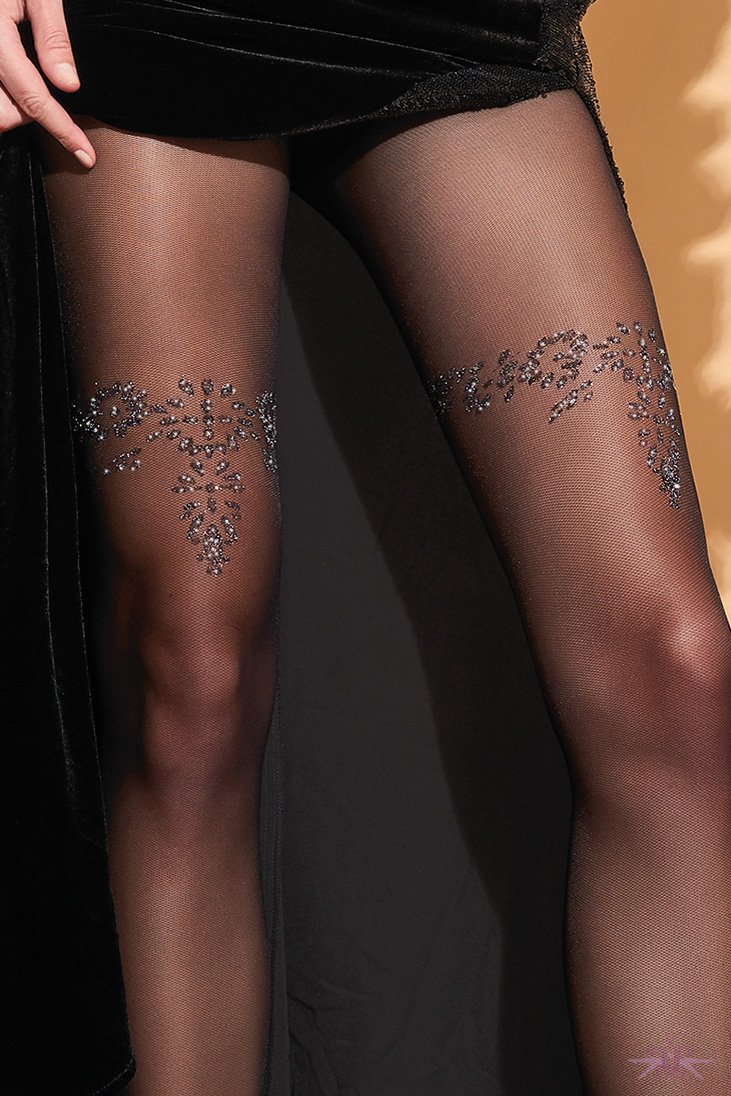 Trasparenze Snowdrop Collant - Black micro mesh fashion tights with a woven floral design on the thighs and ankles in sparkly metallic gold, flat seams and hygienic gusset.