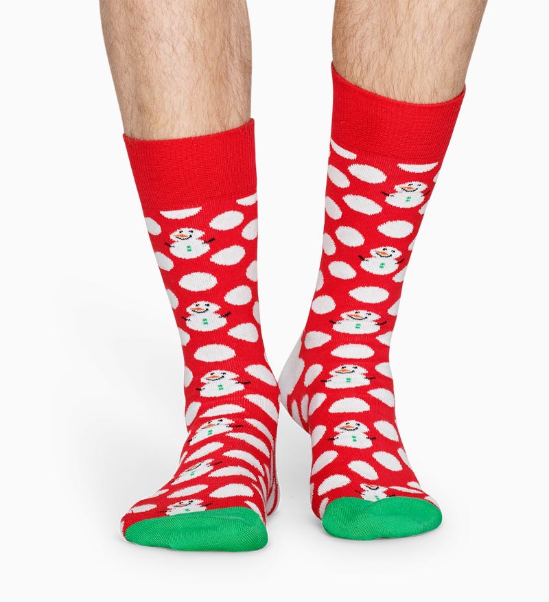 Happy Socks BDS01-4300 Big Dot Snowman - Red cotton Christmas socks with white snowmen and polka dot pattern. Available in men and women size.