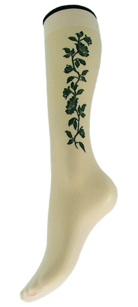 Omsa 3097 Tearose Gambaletto - cream enclosed fishnet popsock/knee-high fashion sock with black rose flower tattoo motif